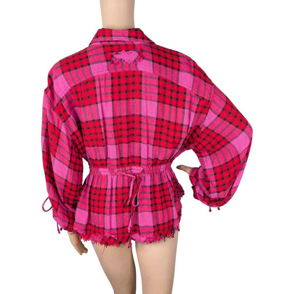 Free People We The Free Pacific Dawn Plaid Snap Top S | Red Pink Ruched Peplum - Picture 9 of 12